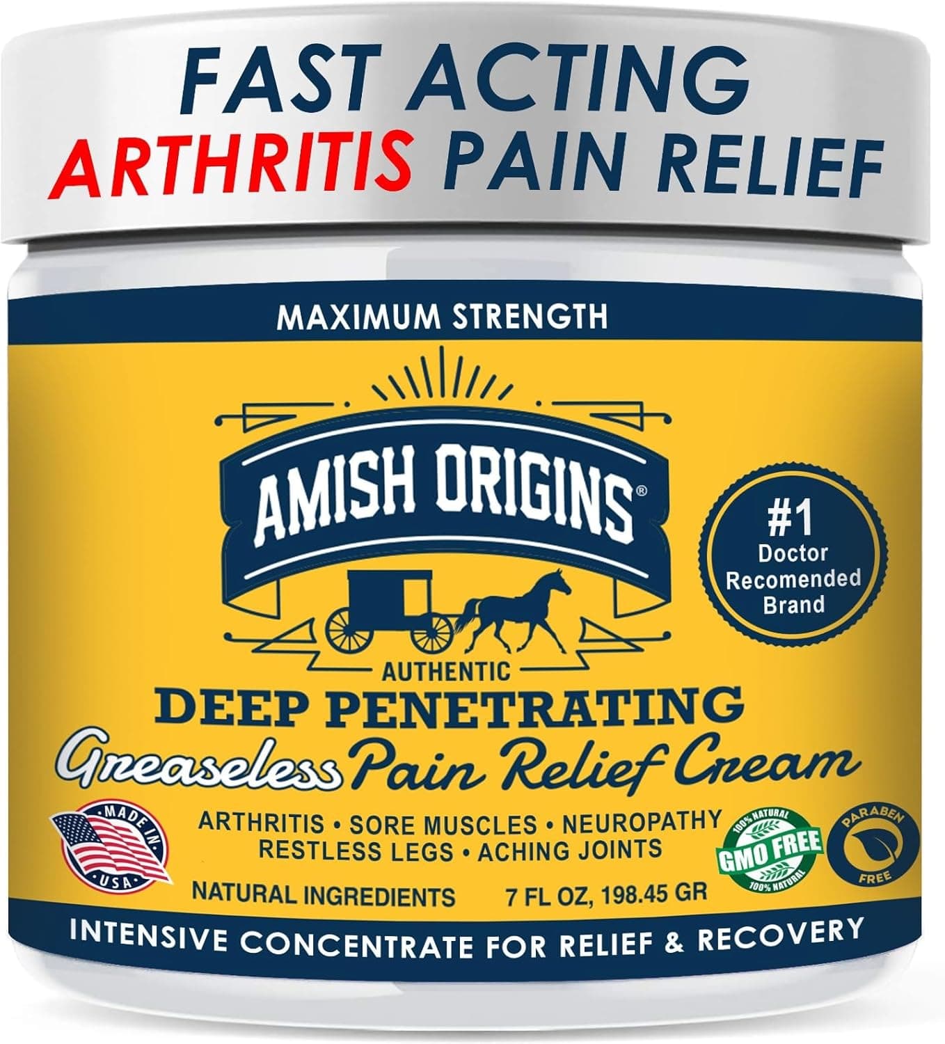 Amish Origins Arthritis Pain Relief Cream - 7 oz - Maximum Strength Deep Penetrating for Joint, Muscle, Knee, Back, Feet, Hand, Ankle, Aches, Neuropathy