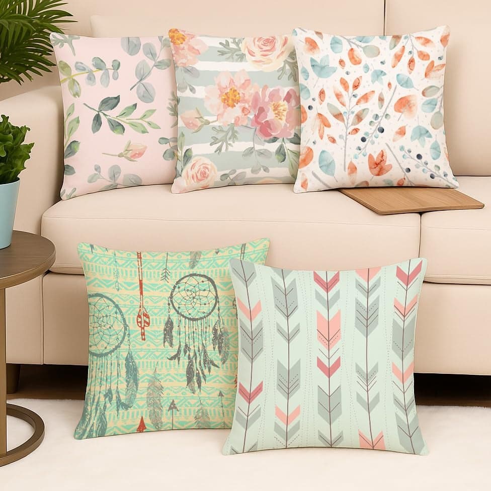 BRICK HOME Set of 5 Jute Printed Cushion Covers 24x24 Inches | Pastel Floral, Leaf, Arrow & Dreamcatcher Pattern | Soft Durable Decorative Pillow Covers for Sofa Couch Living Room Bedroom