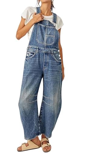 loveimgs Women Y2k Baggy Barrel Jeans Overalls Wide Leg Denim Pants Bib Overalls Jumpsuit Boyfriend Patchwork Jeans (Small,Dark blue)