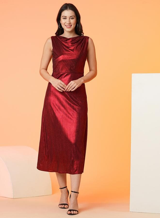Women Red Plain Cowl Neck Sheath Midi Dress — M