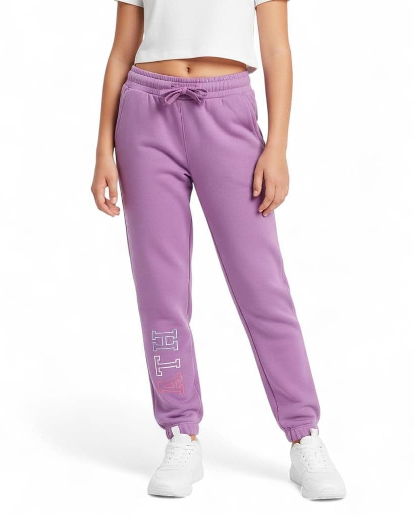 Alan Jones Clothing Girls Joggers Trackpant | Premium Cotton French Terry with Ribbed Waist & Drawstring | Age 4-15 Years | Stylish Placement Print (Purple_10-11 Years)