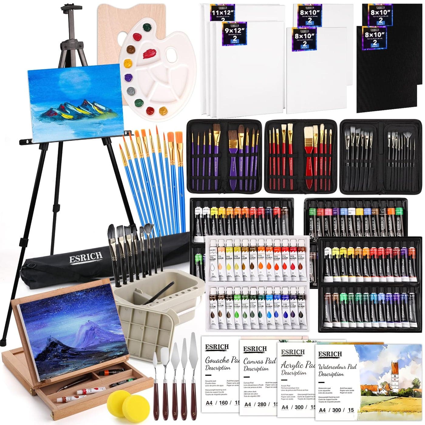 ESRICH 166 Pcs Painting Set Painting Supplies with 96 PaintOil WatercolorGouache Acrylic Paint Metal and Wooden Easels Canvas Paper Pads 45 Paintbrushes etc for Adults Kids Artists