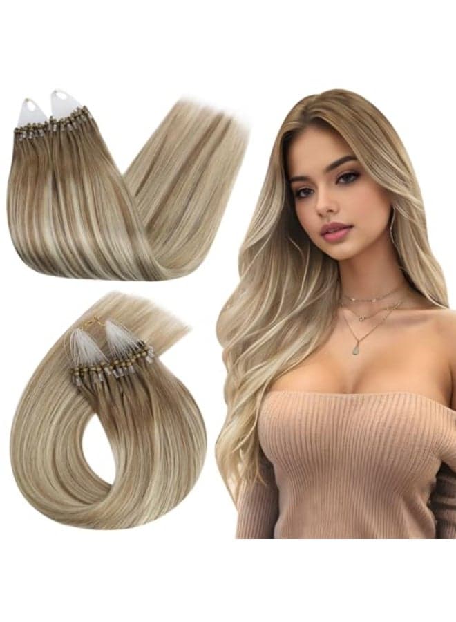 Ugeat Micro Link Hair Extensions Balayage Micro Hair Extensions Human Hair Balayage Light Brown Mix Platinum Blonde Microloop Hair Extension Human Hair for Women 16 Inch 57G 50S
