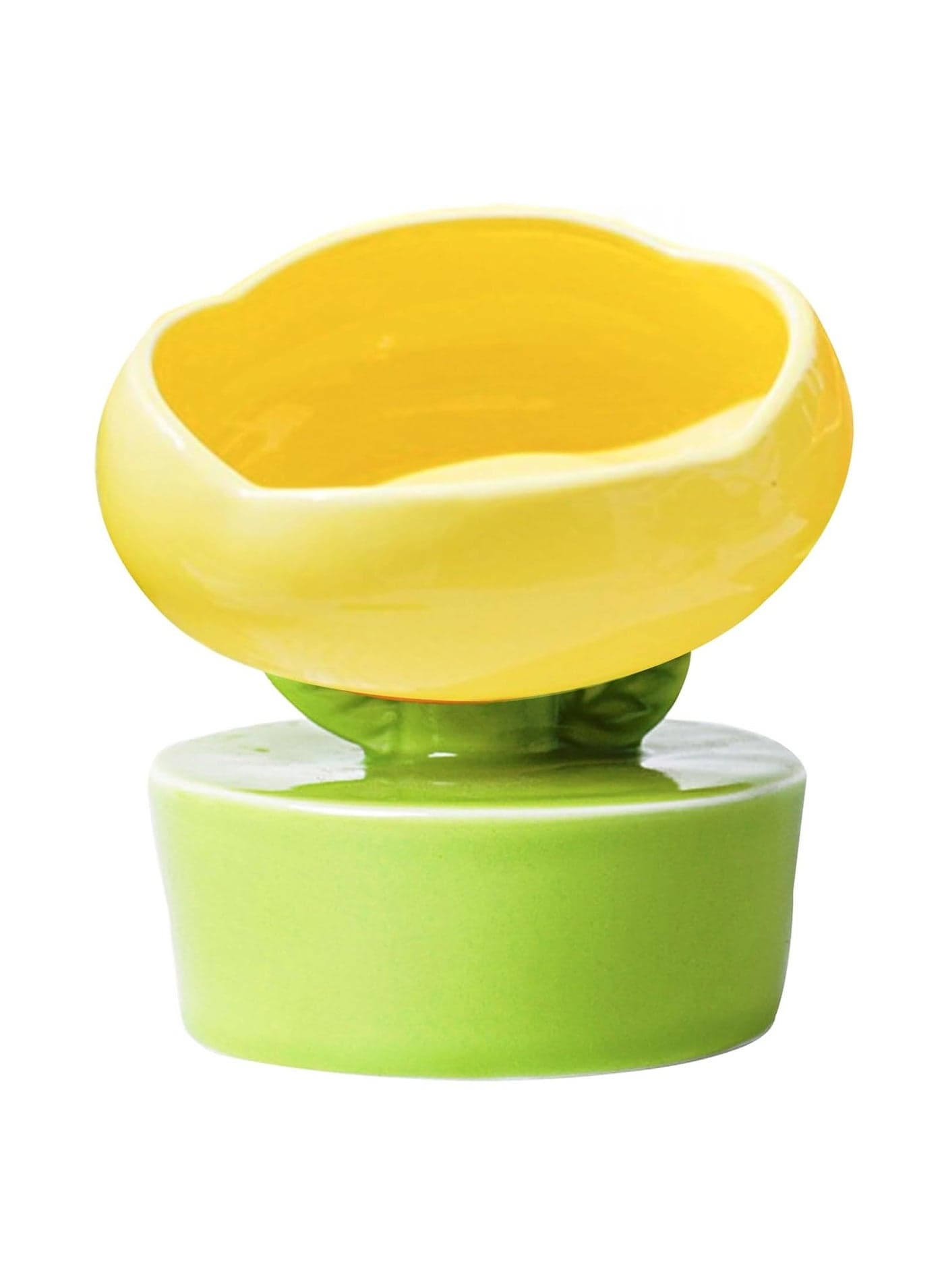 Ceramic Elevated Cat Bowl, Wide Shallow Cat Food Tray for Food and Water, Anti-Vomiting, Protect Pet's Spine, Suitable Height for Cats, Cute Indoor Cat Bowl (Yellow)