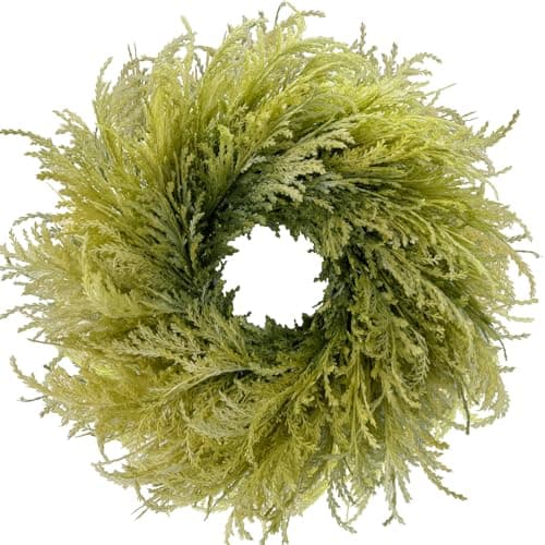 HipTree 28 Inch Spring Farmhouse Green Gradient Flocked Cypress & Pampas Grass Wreath Outdoor - Handmade Faux Cedar Pine Wreath for Front Door,All-Season Home Décor for Easter/St. Patrick's Day