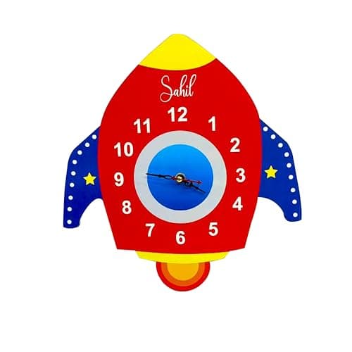 SOLOBOLO Silent Kids Analog Wall Clock for Bedroom | Non-Ticking, Educational and Fun Design | Decorative Learning Clock with Warranty |Model No-(Rocket), Multi, Engineered Wood, 25x25 Cm