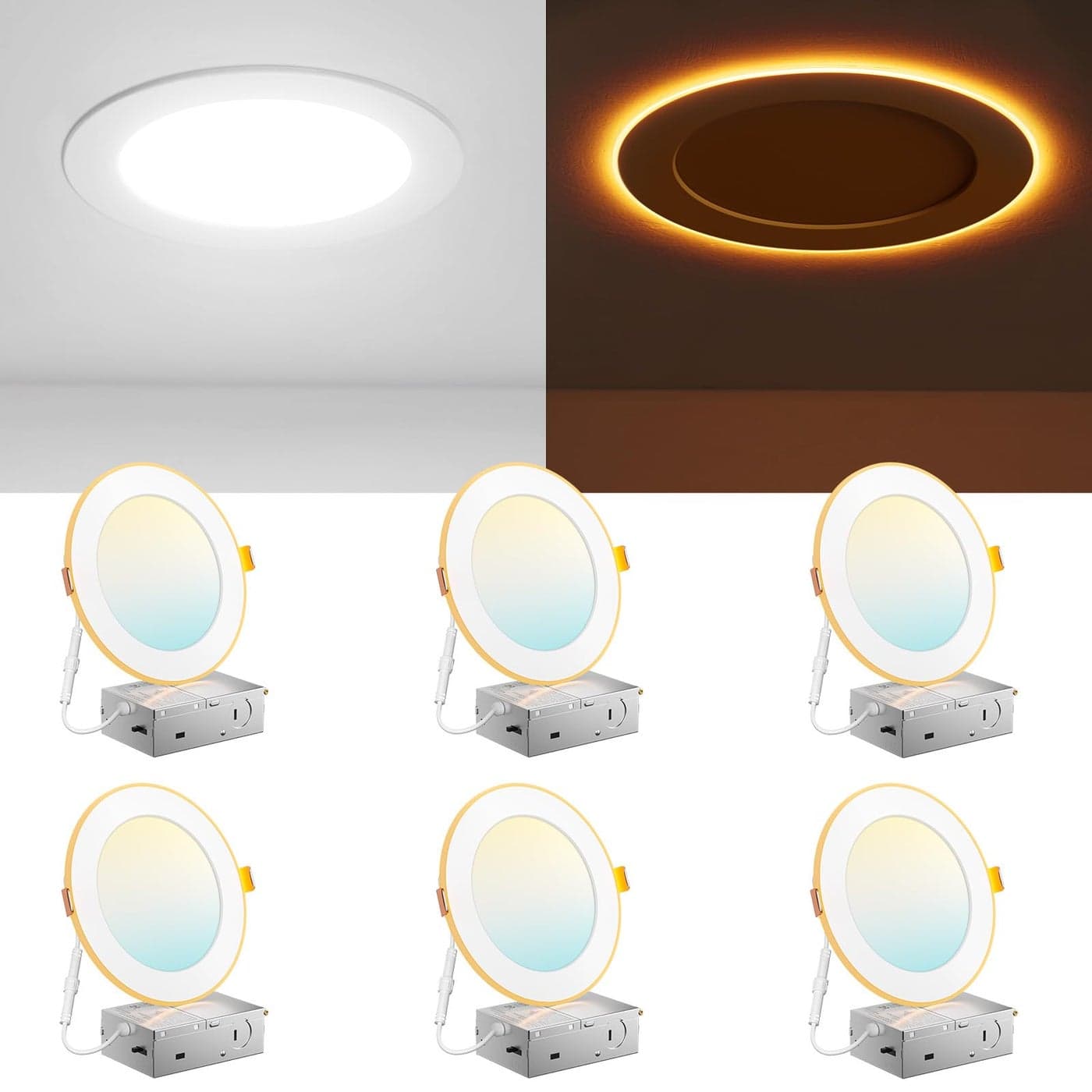 Amico 6 Pack 6 Inch 5CCT LED Recessed Ceiling Light with Night Light 2700K3000K3500K4000K5000K Selectable UltraThin Recessed Lighting 12W110W 1100LM Dimmable Canless Wafer Downlight ETLFCC