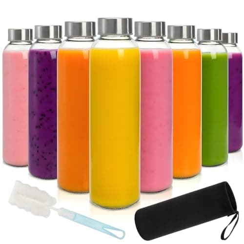 Acshio 8 Pack Glass Juice Bottles with Lids, 16 Oz Reusable Glass Water Bottle with 1 Brush 1 Protective Sleeve, Portable Clear Glasses Containers Drinking Jars for Smoothie, Milk, Juice, Tea