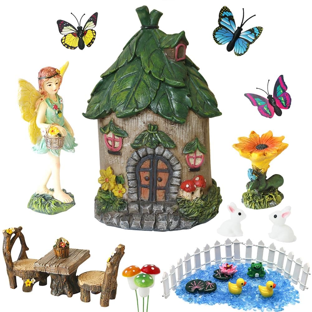 BangBangDa Miniature Fairy Garden Accessories Outdoor Garden Small Fairies Figurines Kit Fairy House Table Chair Set Birthday Gardening Gifts for Girl Boy Mother Girlfriend