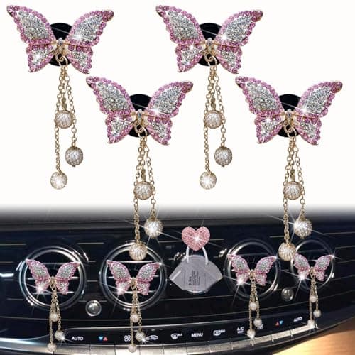 Pink Butterfly Air Vent Clips 4 Pcs Bling Butterfly Air Fresheners Vents Clips Diamond Car Interior Decor Bling Cute Car Accessories Decoration for Women Heart Mask Hook