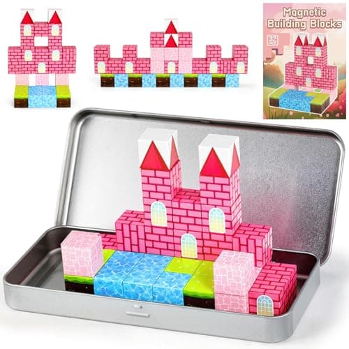 3 otters 32PCS Magnetic Building Blocks Princess Castle Travel Set STEM Magnet Cubes Toys with Metal Storage Box for Kids Christmas Birthday Gifts for Toddler Girls