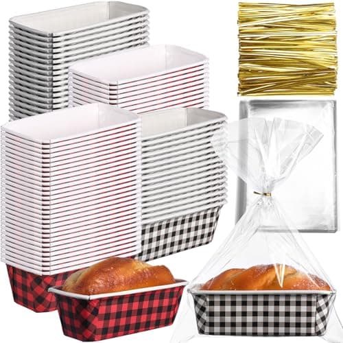 Teenyyou 50 Sets Christmas Paper Loaf Pan 63 x 22 x 22 Inch Mini Disposable Bread Pans with Clear Plastic Bags and Ties Rectangle Baking Mold Loaf Containers for Bread Cake Baking Plaid Style