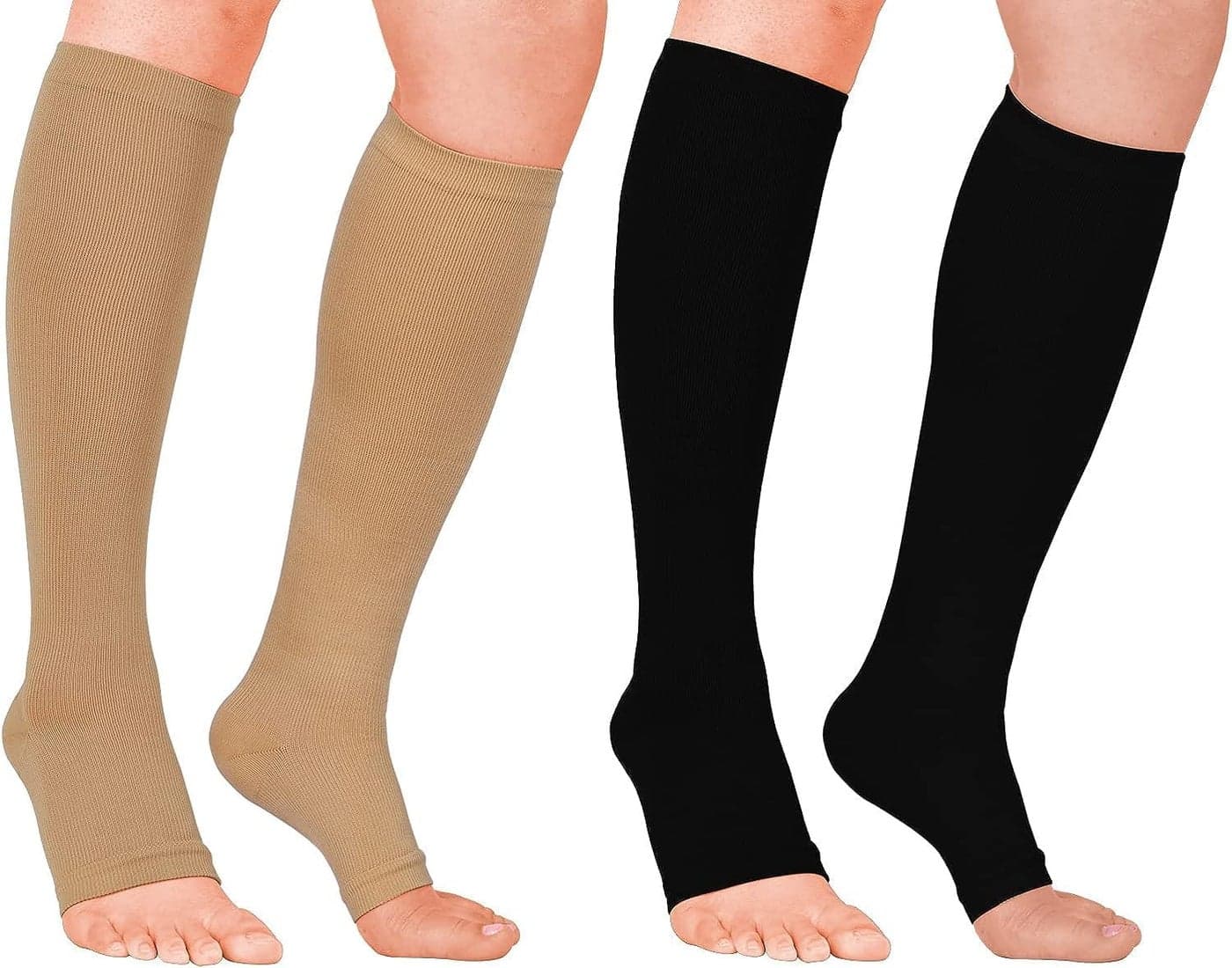 2 Pairs Open Toe Compression Socks for Women, Men Knee High Wide Width Circulation 15-25 mmHg, Fit for Travel and Flight, All Day Wear(L/XL, Black/Beige)