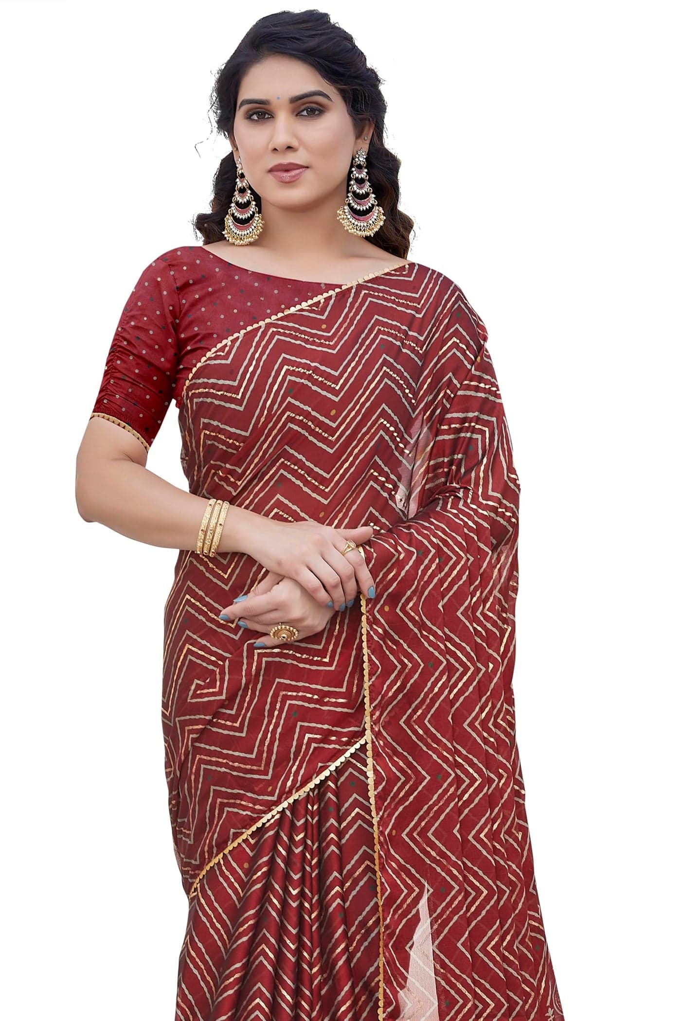 MIRCHI FASHION Chiffon Georgette Foil Work Chevron Printed Sarees for Women with Blouse Piece (41659-Red, Beige, Golden)