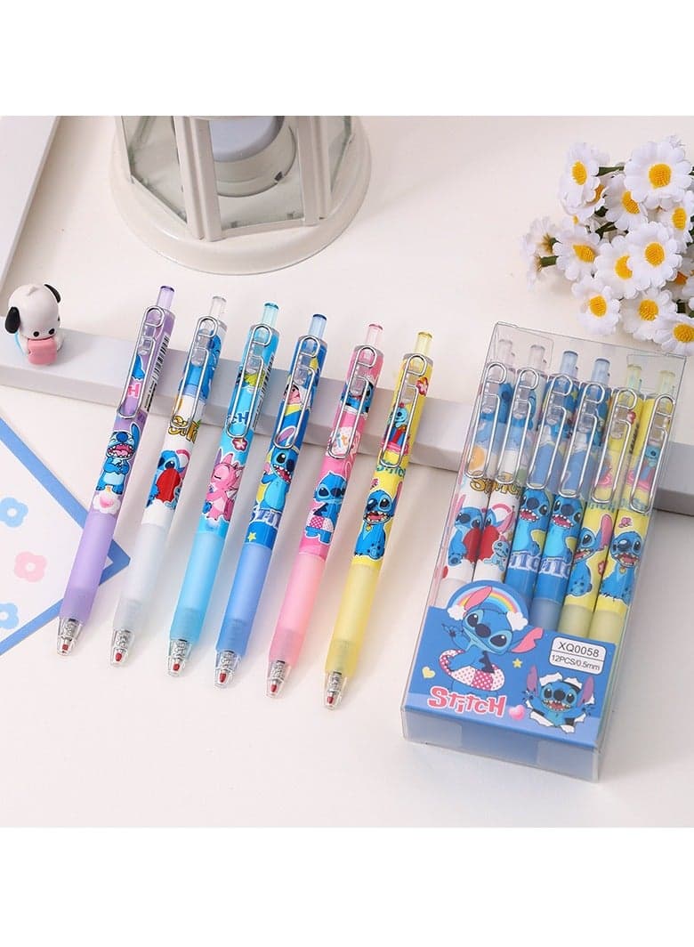 12 Pieces of Creative Cartoon Doll Boxed Push Pen Head Push Gel Pen Student Cute Gift Pen Stationery Black