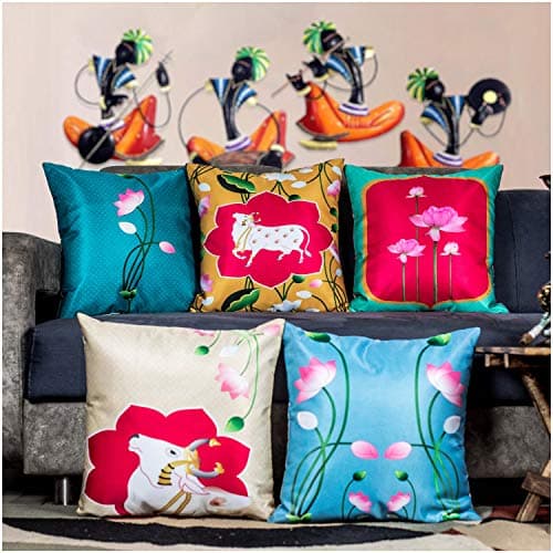 Vendola Decorative Satin Sofa Cushion Covers Set of 5, 16 inch x 16 inch, Sofa Pillow Cover, Ethnic Festive Cow Pichwai, Multicolor, Rajasthani Design, Zipper Closure (Lotus Cow, 16X16 Inches)