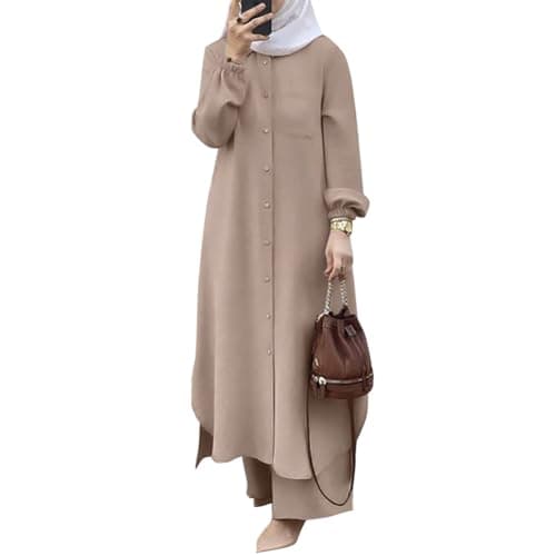 IWEMEK Prayer Clothes for Muslim Women 2 Piece Long Sleeve Shirt Dress Wide Leg Pants Islamic Clothes Middle East Clothing Ramadan Eid Dress Abayas for Women Muslim Outfits khaki S