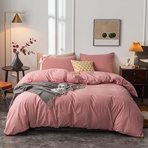 Janlive Washed Cotton Duvet Cover King Ultra Soft 100 Cotton Solid Color Rose Duvet Cover Set with Zipper Closure 3 Pieces Pink Bean Paste King