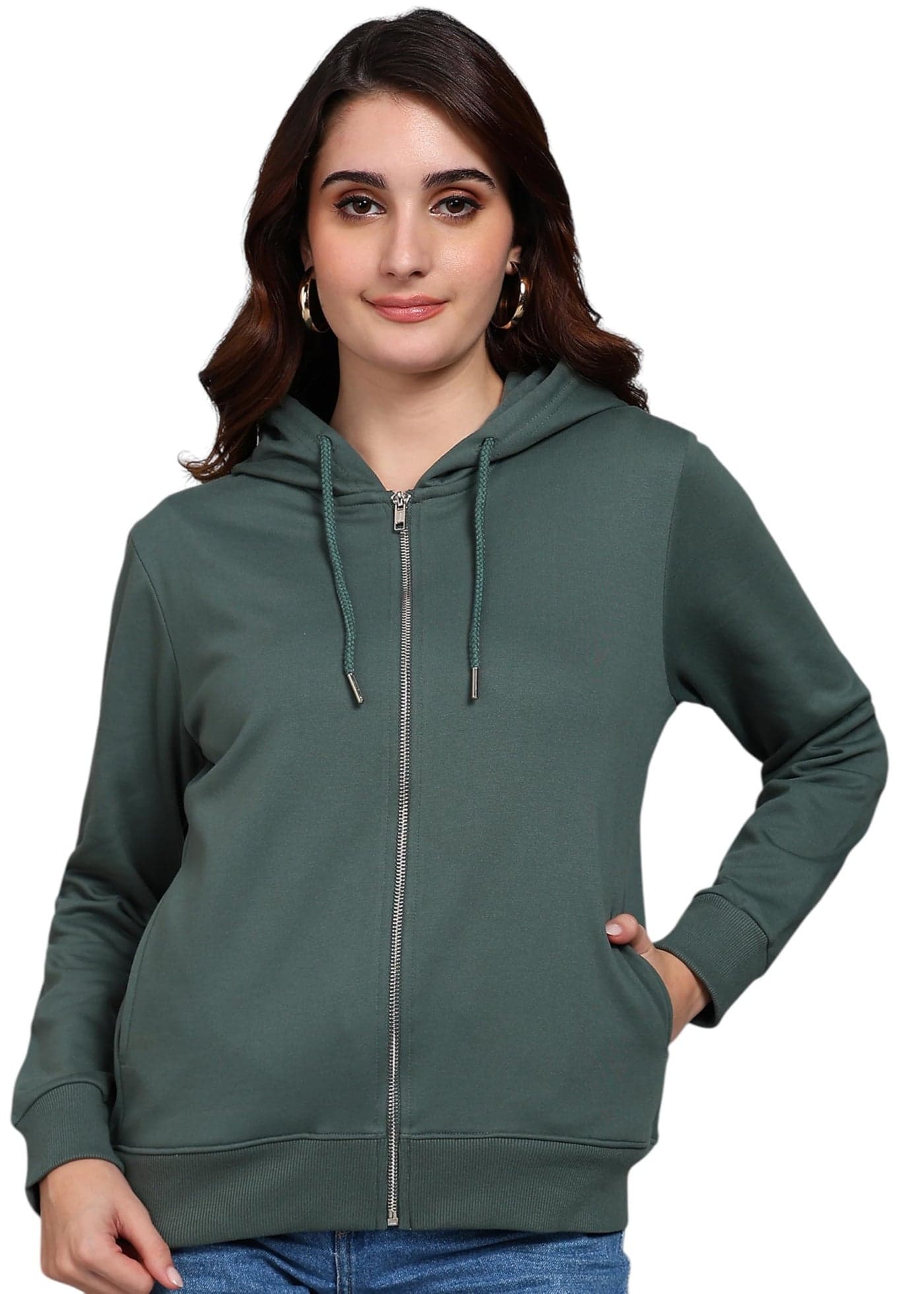 Alan Jones Clothing Women's Solid Zipper Hooded Sweatshirt | Front Zip, Ribbed Hem, Lined Hood, Casual Winter Wear (Fern_S)