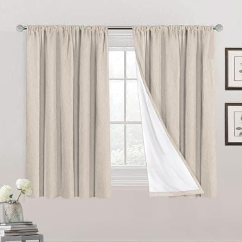 PrinceDeco Blackout Curtains 54 inch Length Rod Pocket Blackout Curtains for Bedroom Burlap Fabric with White Thermal Insulated Liner 2 Panels52 x 54 Inch Natural