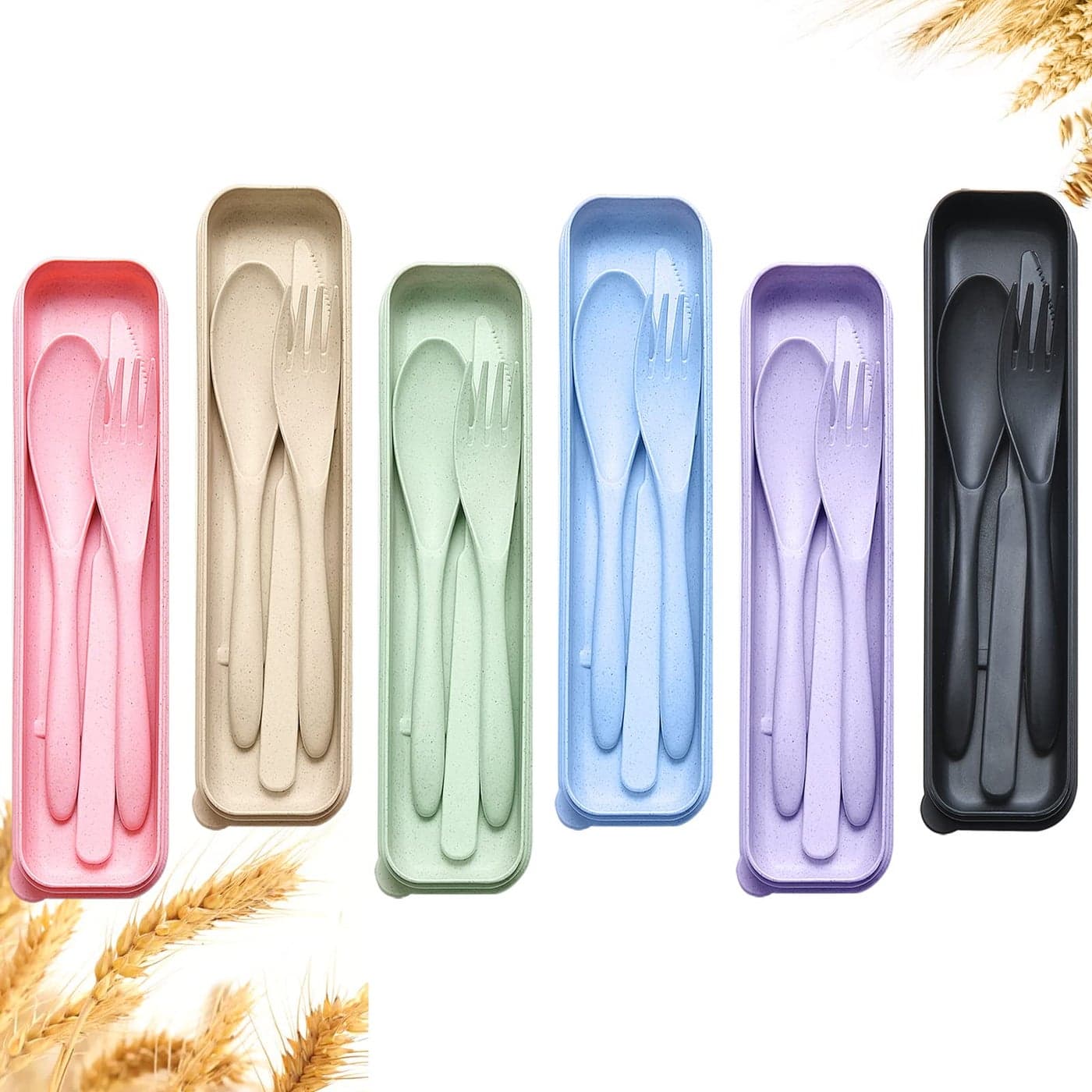 Reusable Travel Utensils Set with Case 6 Sets Wheat Straw Portable Knife Fork Spoons Cutlery EcoFriendly BPA Free Plastic Tableware for Kids Adults Travel Picnic Camping Utensils