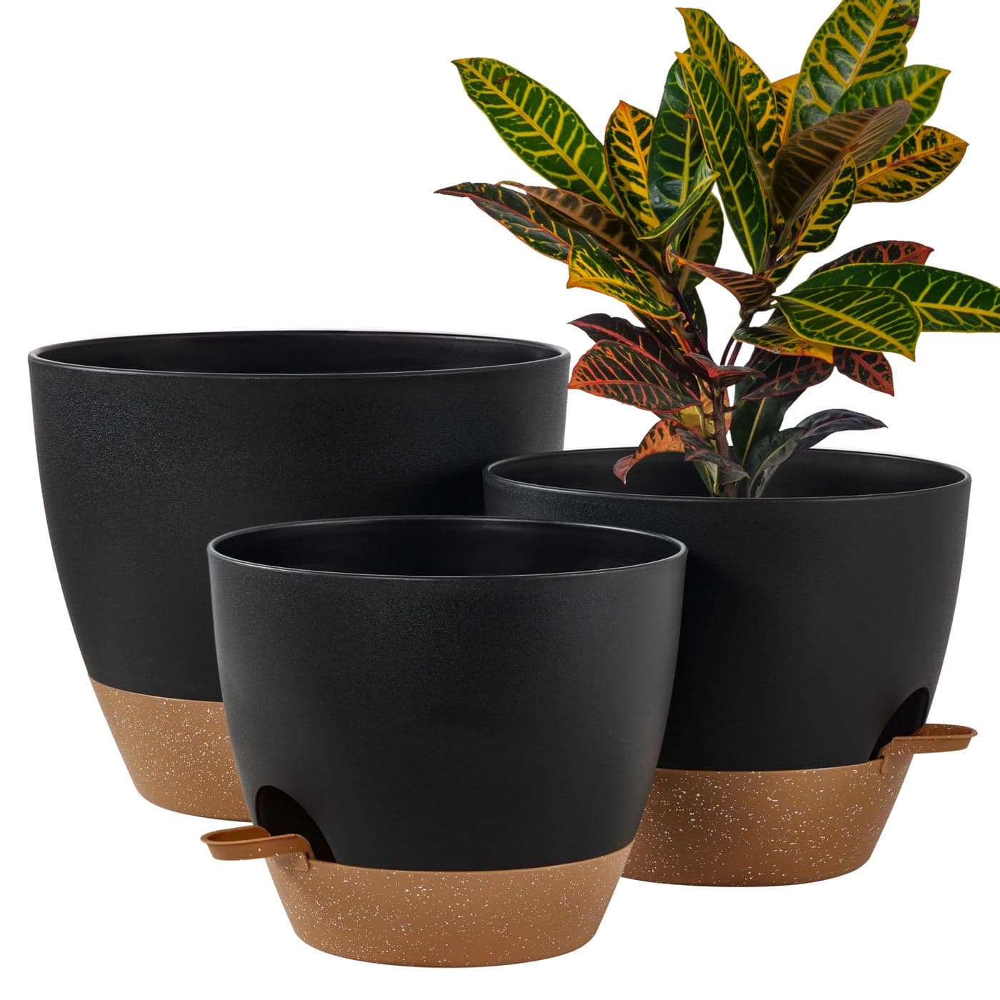 FaithLand 3Pack Large Planter Pots 12 10 9 Inch Self Watering Flower Pots for Indoor Outdoor Garden Plants Black with Brown