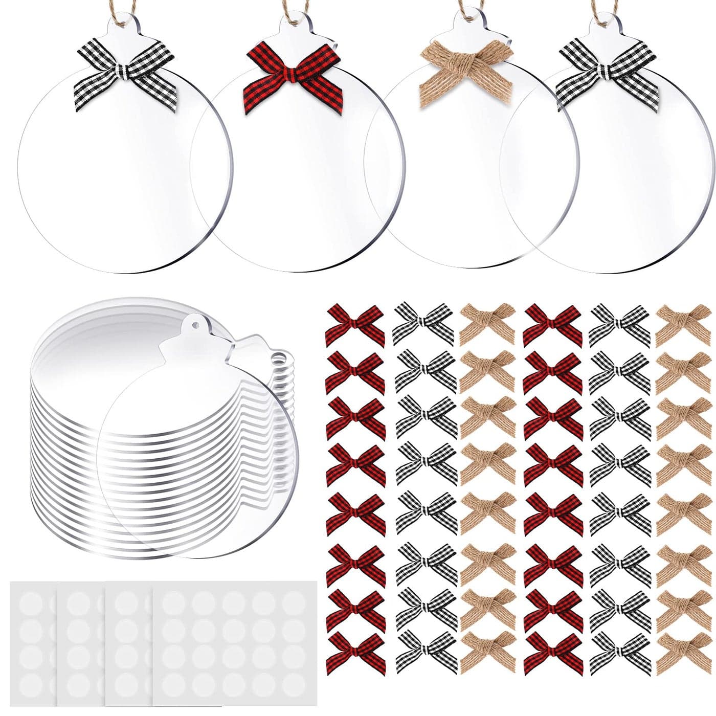 64 Pieces DIY Christmas Hanging Ornaments Set 30 Pieces 375 Inch Blank 30 Pcs Mini Checkered Ribbons 4 Sheet Glue Point Dots for Christmas Tree Decor ClearAcrylic Disc