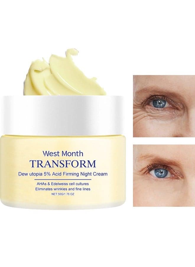 Transform, Dew Utopia 5% Acid Firming Night Cream-AHAs & Edelweiss Cell Cultures Eliminates Wrinkles And Fine Lines,Anti-Aging Face Moisturizer for Sensitive Skin, Firming Face and Neck Cream 50g