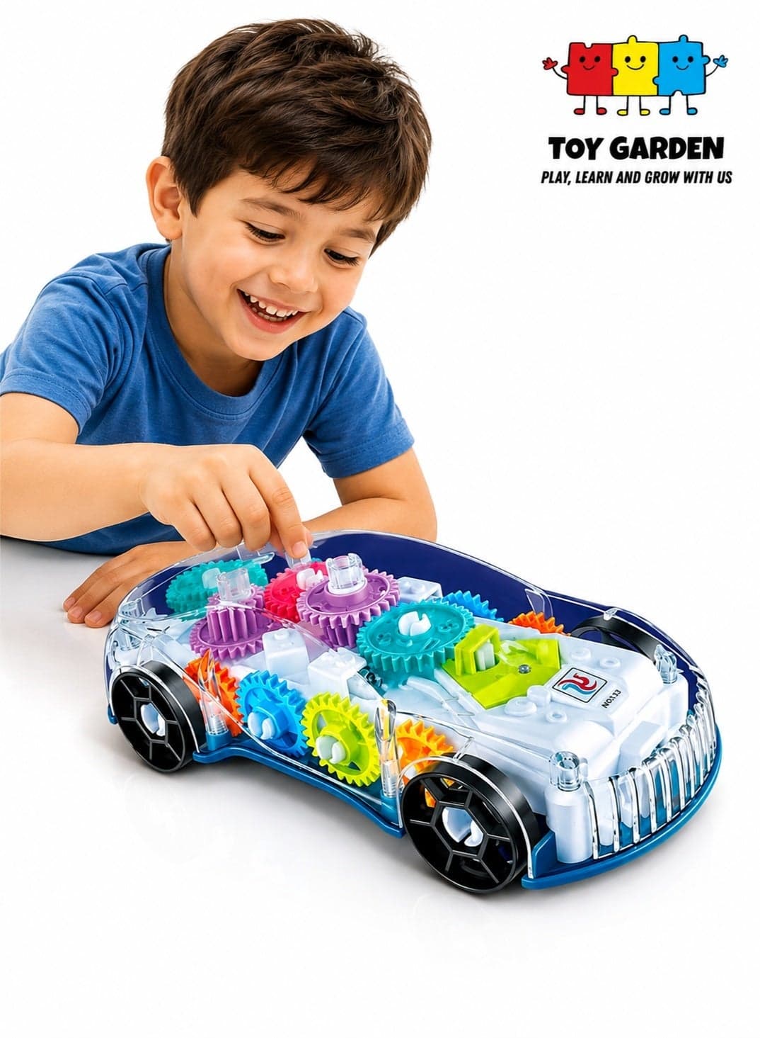Light Up Transparent Car Toy - Bump & Go Toy with Moving Gears, Music & LED Effects | Fun Educational Gift for Kids | UAE Shipping