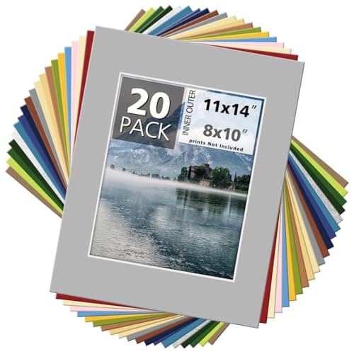 Mat Board Center, Pack of 20 11x14 MIXED COLORS White Core Picture Mats for 8x10 Photos pictures and prints.