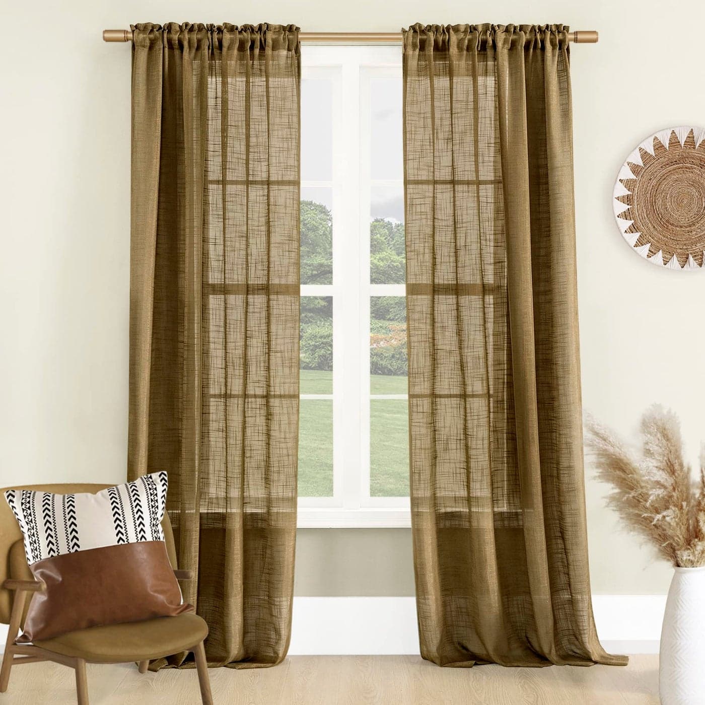 SHINELAND Light Brown Curtains 2 PanelsSheer Faux Linen Tweed Look Earth Tone Boho Primitive Western Curtains for Living Room 84 Inches LongDark Mocha