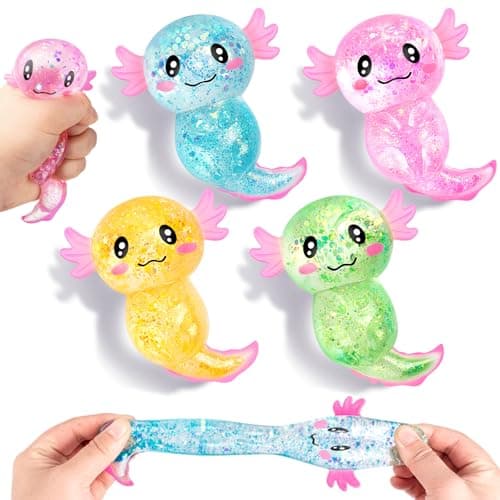LSGYPAQ 4PCS Glitter Stress Relief Axolotl Toy Cute Malt Sugar Filled Sensory Fidget Toy for Kids Adults Soothing Birthday Party Favors Gift 4 Colors