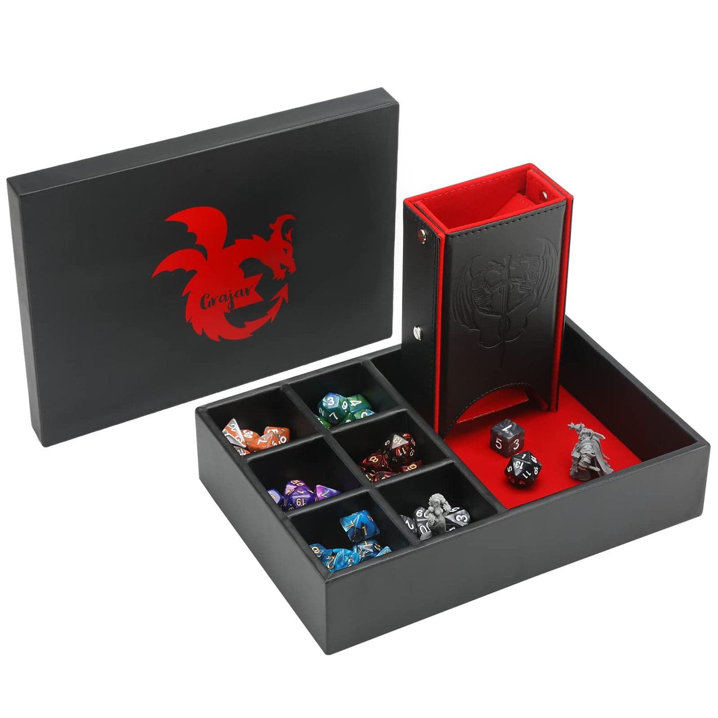 Grajar DND Dice Tray and Tower Portable Dice Storage with Lid for Dungeons and Dragons DD RPG MTG Table Games Red