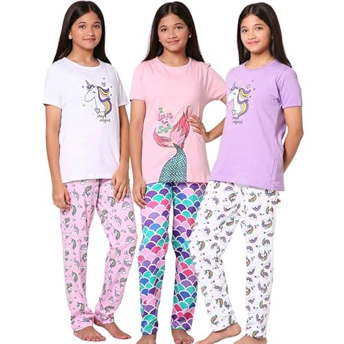 TotzTouch Baby | Kid Girls Night Wear T Shirt | Pajama Pant Set of 3 Mermaid and Unicorn Print (3, 8-9 Years)