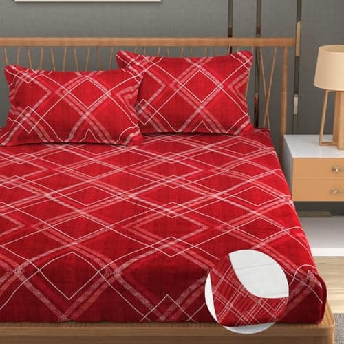 Furnofy Premium Fitted Double Bedsheet Set – 78" x 72" + 6" Deep Pocket with 2 Pillow Covers – Elegant Red & White Design