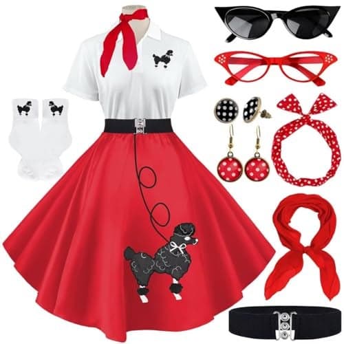 VillbeCoser Sock Hop Outfits Women 1950s Poodle Skirts Polo Shirt with 50s Accessories Socks Scarf Headband Belt 10Pcs RedM