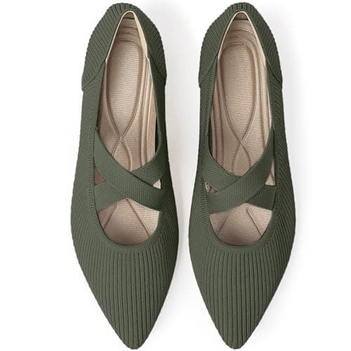 Women's Flats Shoes Pointed Toe Knit Washable Comfortable Dressy Mary Jane Ballet Flat with Strap Green US7
