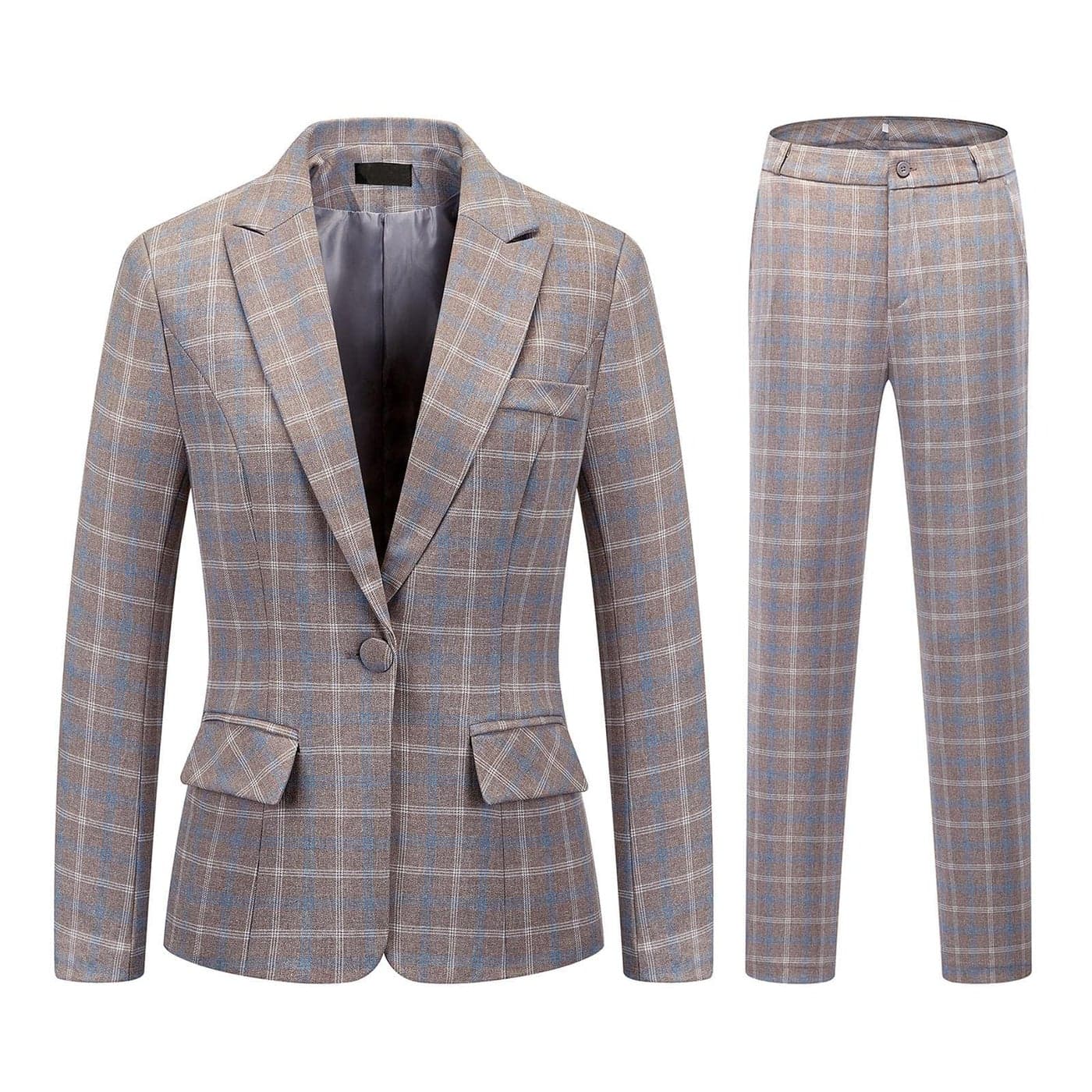 Womens 2 Piece Plaid Suits Set Business Office One Button Blazer Jacket Casual Long Sleeve Pant Suit SetGreySmall