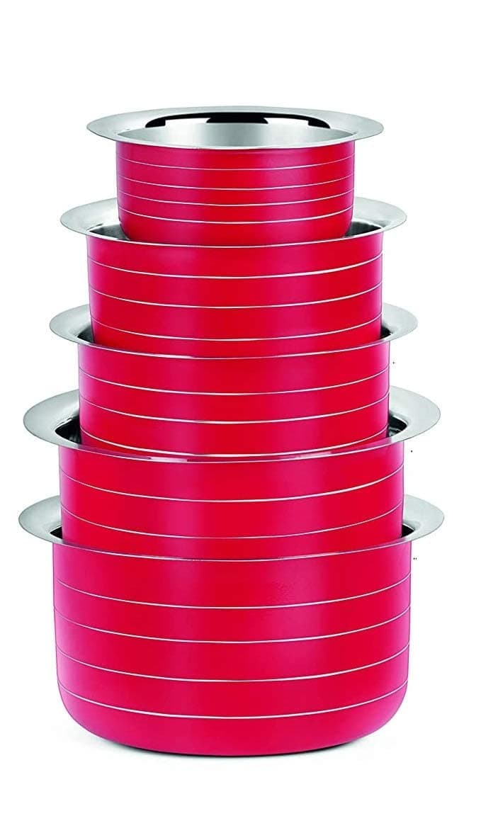 Nirvika 5 Piece Red Stainless Steel Tope Set Cookware Serving patila/tapeli (Induction and Gas Compatible)(Size: 450 ML to 1900 ML)