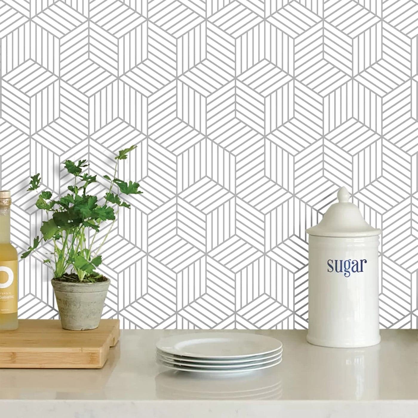 MelunMer White and Silver Peel and Stick Wallpaper Modern 197In L 177InW Self Adhesive Removable Wallpaper White Contact Paper for Cabinets Stripe Geometric Contact Paper Hexagon Shelf Liner Vinyl