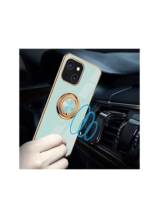 Luxury Silicone iPhone 14 Plus 6.7-Inch (2022) Soft TPU Shockproof 360 Degree Ring Holder Kickstand Slim Plated Phone Case Cover-Light Green