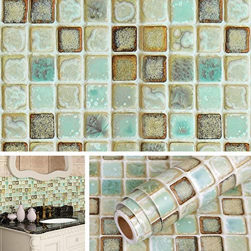 Livelynine Vinyl Bathroom Wallpaper Peel and Stick Backsplash for Kitchen Wall Paper Waterproof Contact Paper for Walls Shower Self Adhesive Vinyl Mosaic Tiles Wall Sticker Green Mosaic 15.8x78.8 Inch