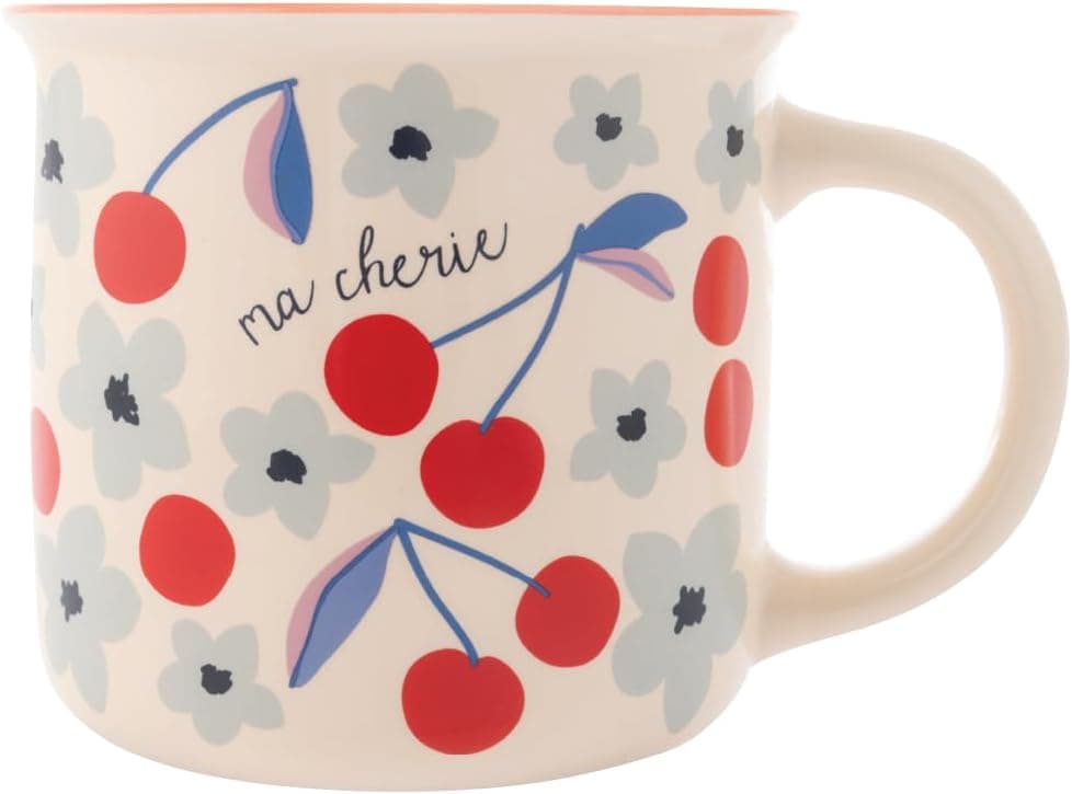 Karma 14 oz New Bone China Camp Mug Cute Coffee and Tea Mug New Bone China Coffee Mugs for Women and Men Cherry