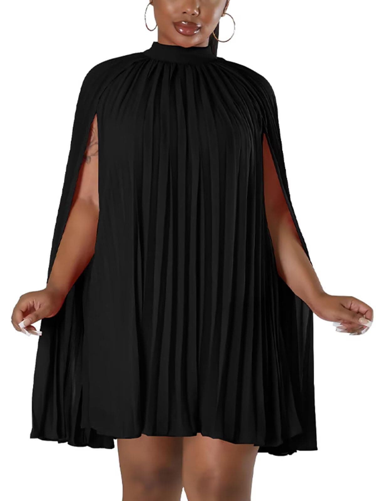 Ekaliy Women’s Stand Collar Cloak Long Sleeve Cape A Line Dress Elegant Pleated Mini Evening Dress Black XL