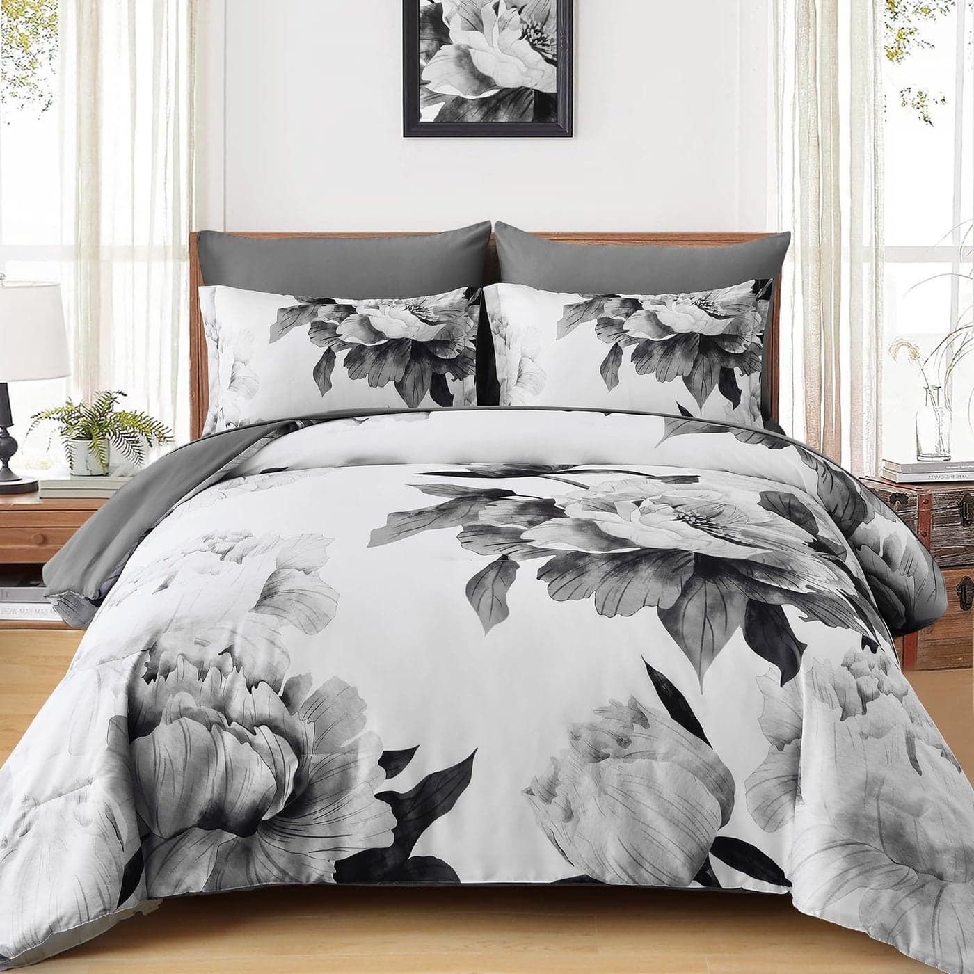 Dobuyly Grey Queen Comforter Set 7 Piece Bed in a Bag Gray Floral Printed on White Comforter Set with Sheets Soft Microfiber Botanical Farmhouse Bedding Set for All Season