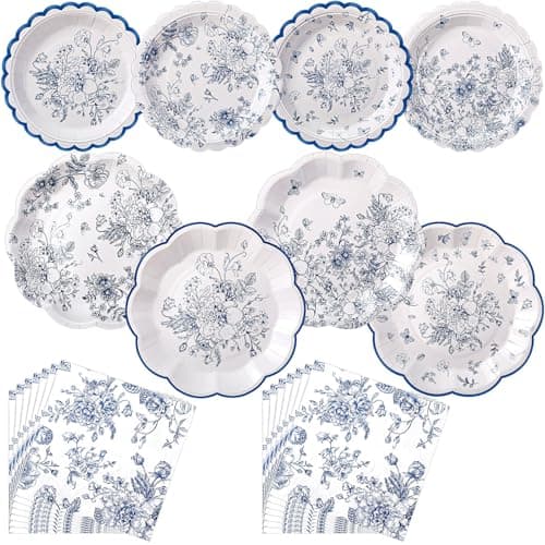 Skybooly 144 Pcs 48 Guests Blue Floral Party Plates and Napkins White and Blue Toile Paper Plates Napkins Chinoiserie Disposable Tableware for Baby Bridal Shower Wedding Birthday Tea Party Supplies