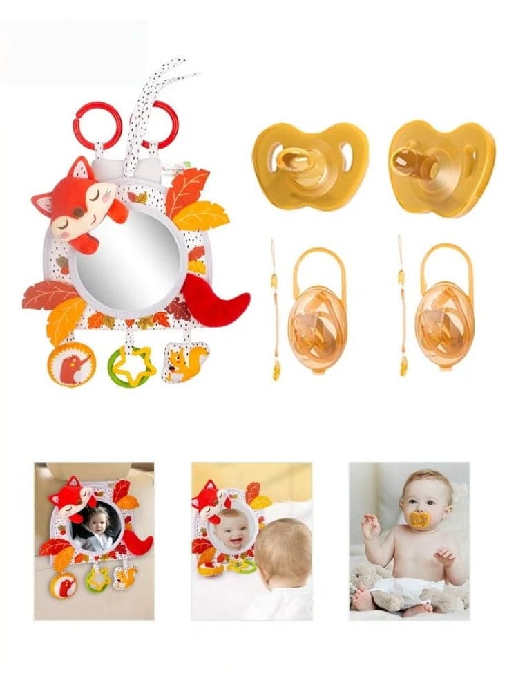 Baby Safety Car Seat Mirror for Rear With 2 Pacifiers, Infant Activity hanging toy for Stroller, Crib And Tummy time, Automotive Interior, Clear View, Shatterproof, Fully Assembled, 360 Degree Adjusta