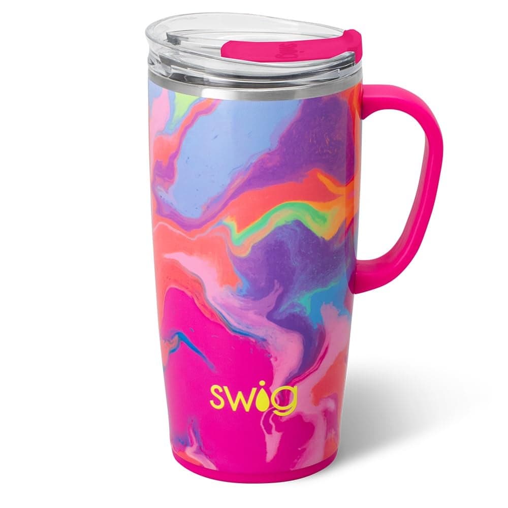 Swig Life 22oz Travel Mug Insulated Tumbler with Handle and Lid Travel Coffee Mug Cup Holder Friendly Stainless Steel 22 oz Tumbler Reusable Insulated with Lid Candy Crush