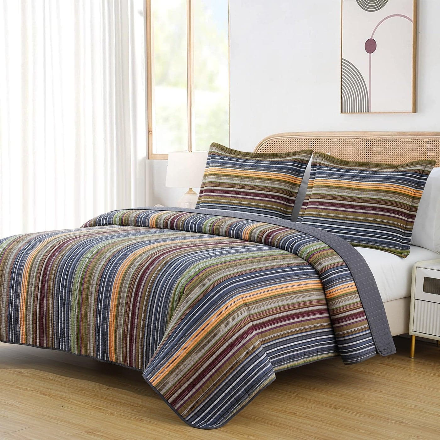 Chezmoi Collection Avery Striped Cotton Quilt Set Twin Size 2Piece Soft PreWashed 100 Cotton Quilt MultiColor Green