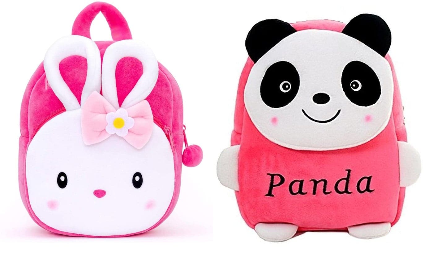 Blue Tree Kids School Bag Soft Plush Backpack Cartoon Bags Mini Travel Bag for for Girls Boys Toddler Baby Konggi Rabbit & Pink Panda